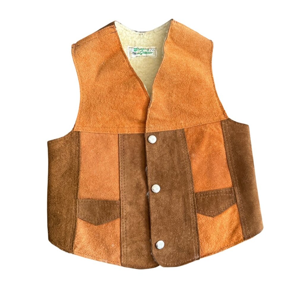 Vintage Genuine Leather Shearling Lined Vest Hecho En Mexico Size 10 Brown & Tan